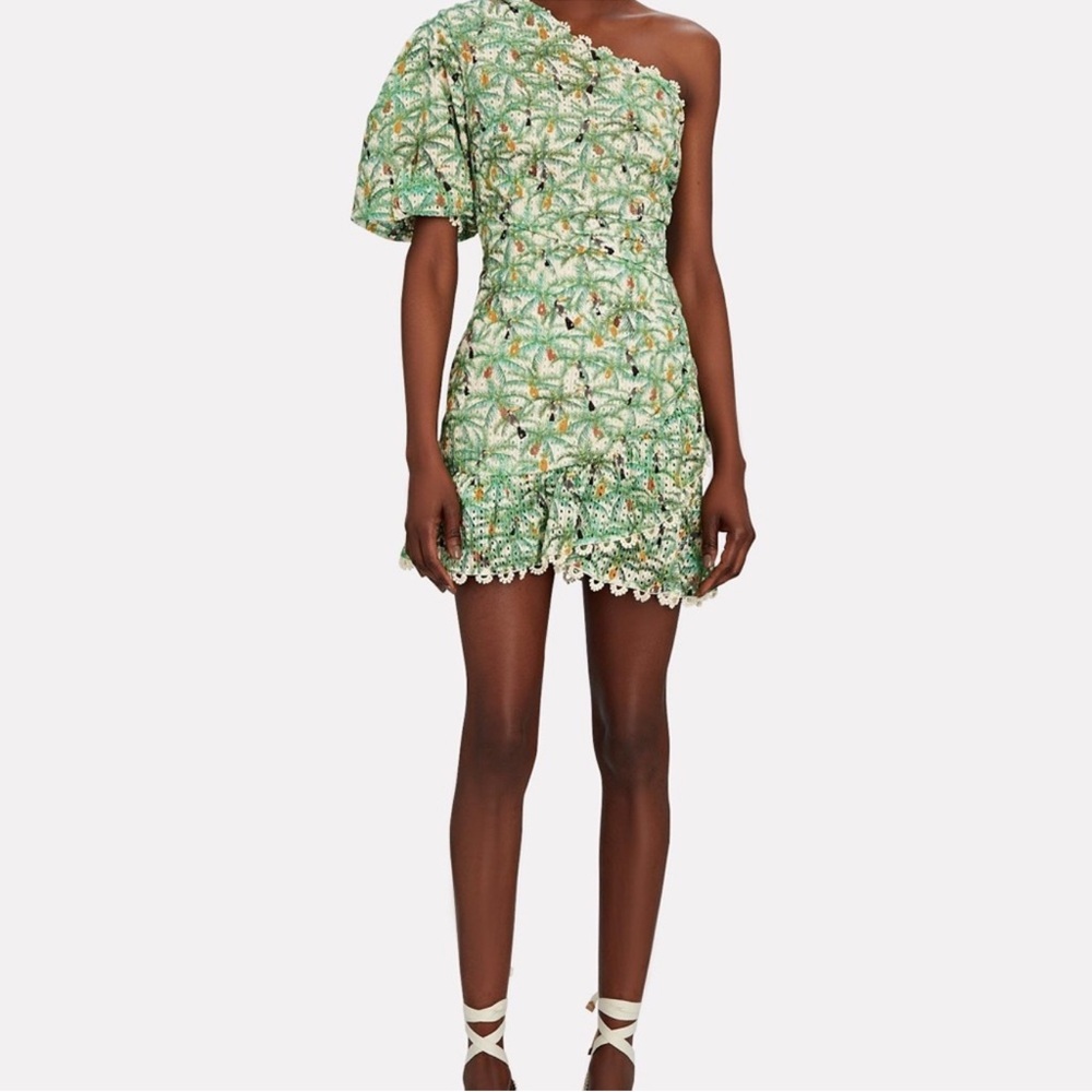 Farm Rio One-Shoulder Green Print Mini Dress